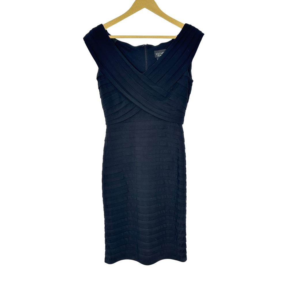 Xscape Cocktail Dress Womens 6 Black Bandage Pleated Surplice V-Neck Sheath